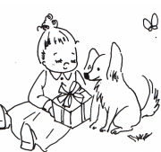 プレゼントをみつめる犬と女の子